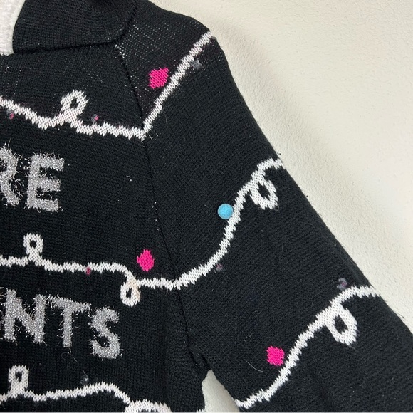 Christmas Sweater Hoodie Knit Sherpa Silver Lettering Pom Poms - Picture 6 of 14